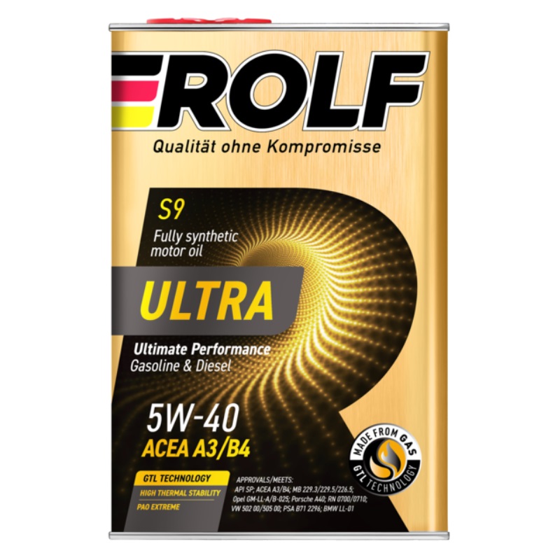 Синтетическое моторное масло Rolf Ultra S9 5W-40 A3/B4 SP 4 л, металл 9378073 масло моторное синтетическое 5w30 rolf 4 л 322228