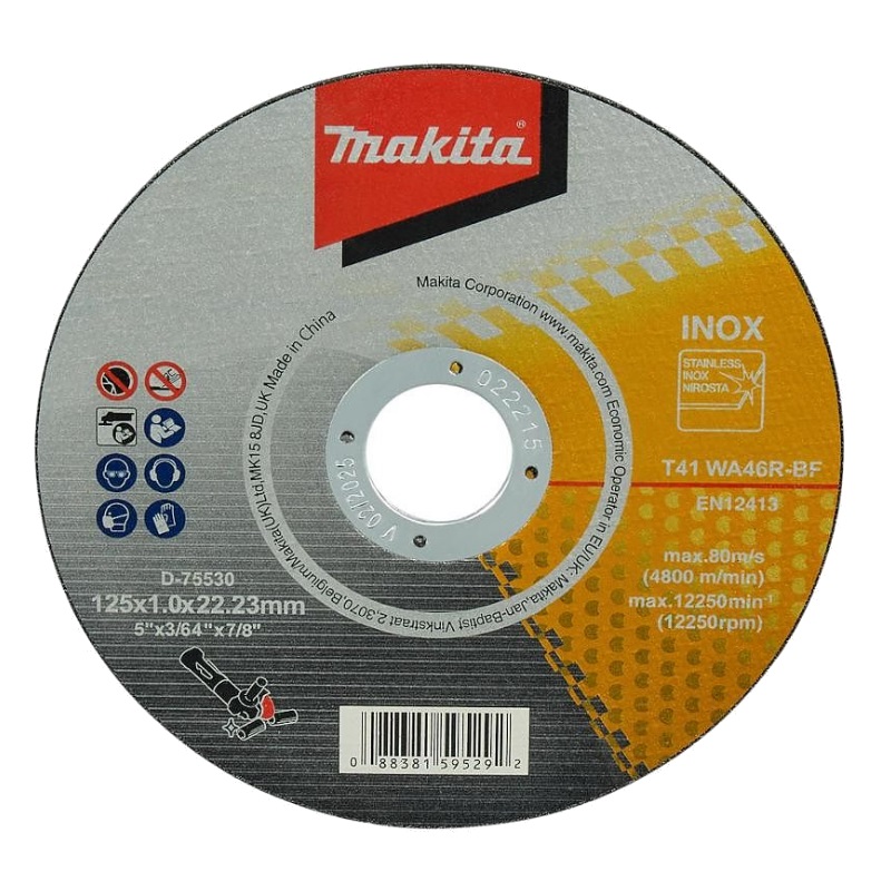 Абразивный отрезной диск для нержавеющей стали плоский Makita WA46R 125х1х22,23 D-75530 диск пильный evolution s185tct 48cs 185х20х1 8х48 по нержавеющей стали