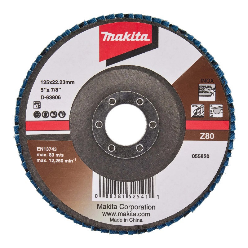 Лепестковый диск Makita D-63806, 125x22.23 мм, Z80, стекловолокно, угловой лепестковый циркониевый торцевой круг по металлу и нержавеющей стали 125x22 2мм p80 kraftool