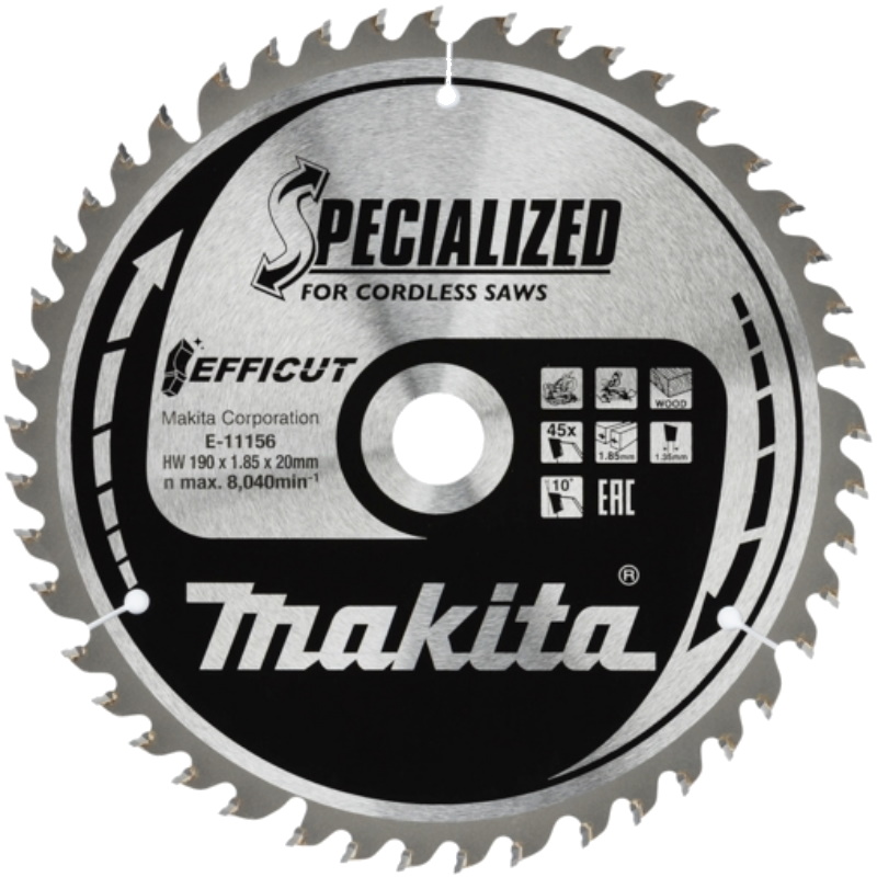 Пильный диск Makita EFFICUT E-11156, для дерева, 190x20x1.85/1.35x45T диск для триммера c долотообразной формой зуба denzel 96380 230 х 25 4 мм 26 зубов