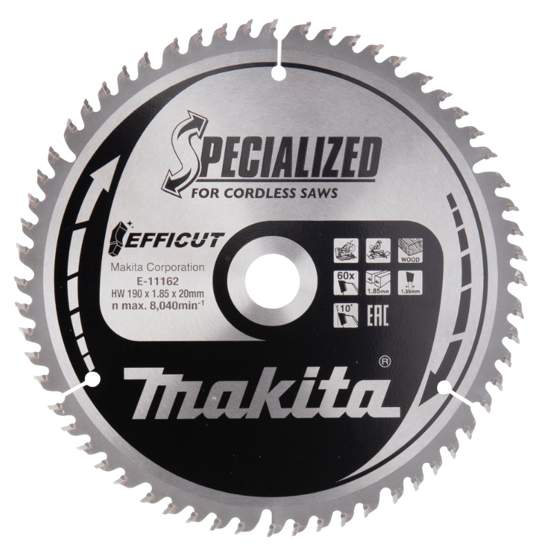Пильный диск Makita EFFICUT E-11162, для дерева, 190x20x1.85/1.35x60T пильный диск для дерева 190x30x2 1 3х40t makita d 64973