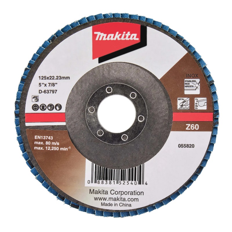 Лепестковый диск Makita D-63797, 125x22.23 мм, Z60, стекловолокно, угловой круг лепестковый makita d63806 p80 125x22 2 мм