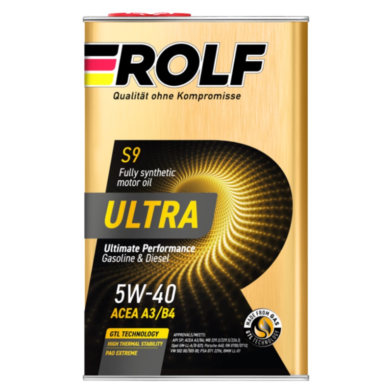 Синтетическое моторное масло Rolf Ultra S9 5W-40 A3/B4 SP 1 л, металл синтетическое моторное масло rolf ultra 0w 30 a7 b7 sp 1л металл 9375334