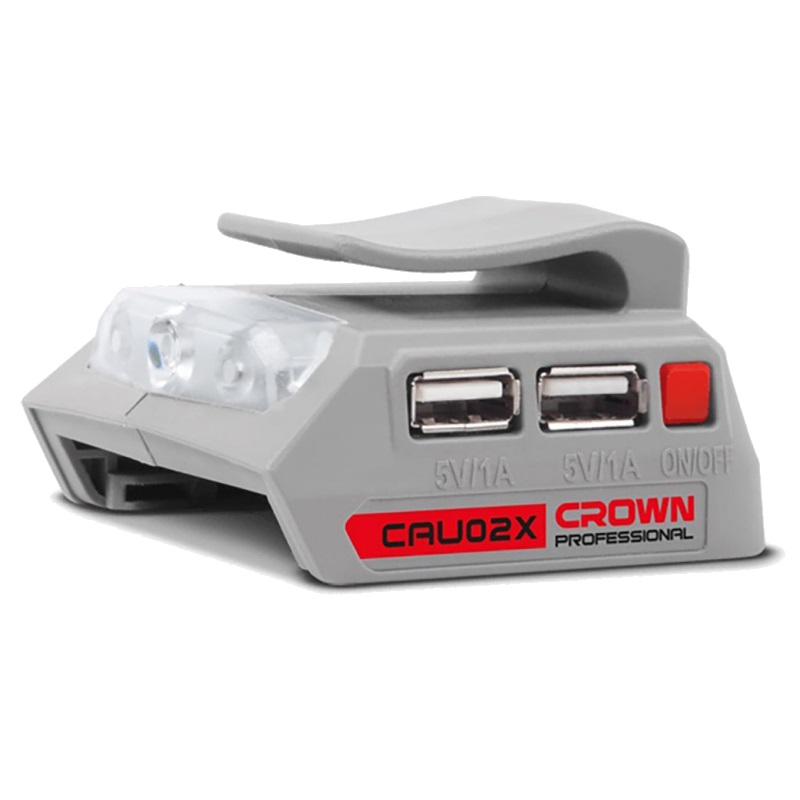 Силовой адаптер для зарядки гаджетов Crown CAU02X 20В B3+, 2хUSB-А, 5В/1А, LED-фонарь аккумулятор crown cab204014xe cb 20 v