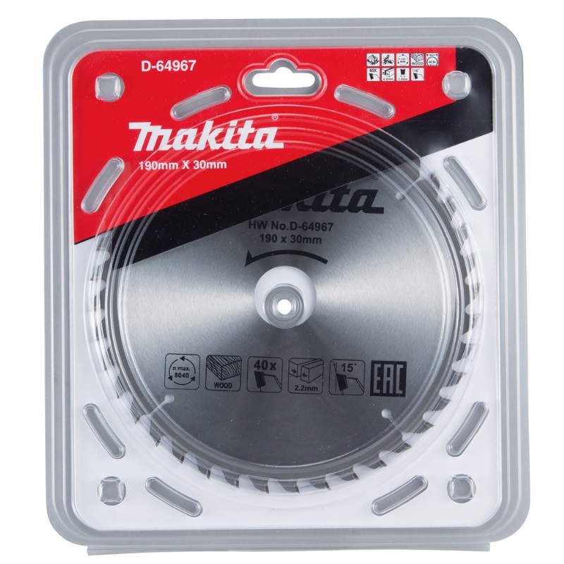 Пильный диск для дерева, 190x30x2.2/1.4x40T Makita D-64967 лепестковый диск makita d 63806 125x22 23 мм z80 стекловолокно угловой