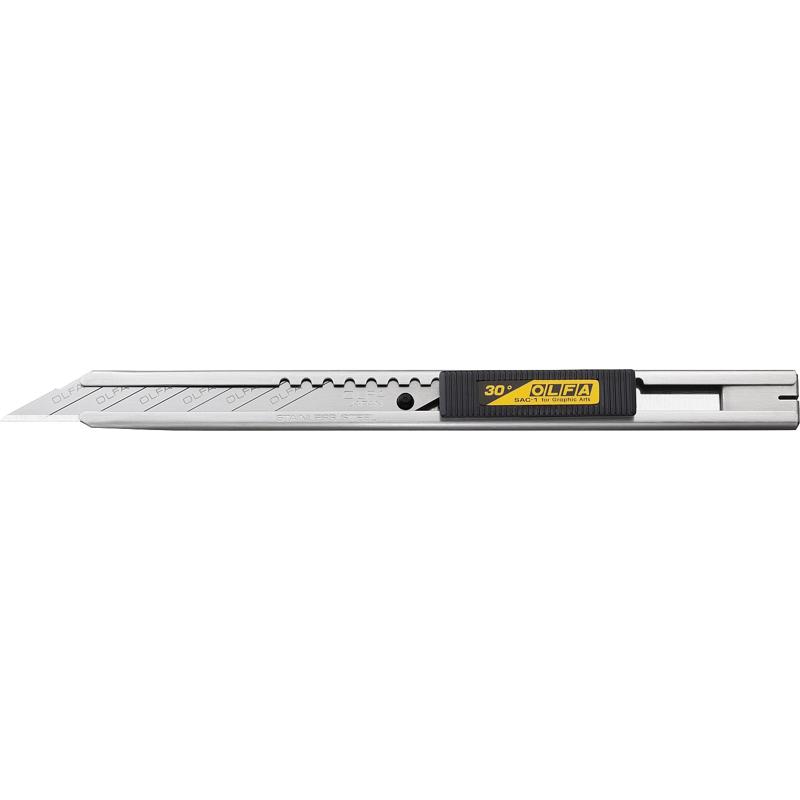 Нож для графических работ Olfa OL-SAC-1 (ширина лезвия 9 мм, корпус из нержавеющей стали, блистер) нож для рукоделия olfa ol l 5 ширина 18 мм двухкомпонентный корпус быстрая замена направляющие блистер